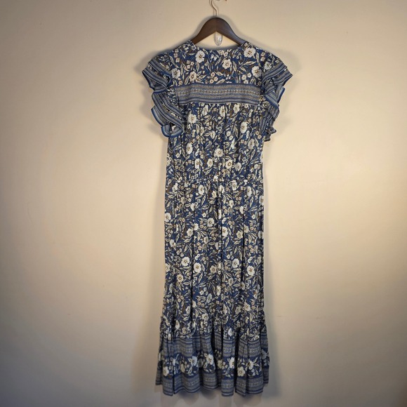 Veronica Beard Tinzia Floral Midi Dress Women Large Blue Boho Ruffle Tassels - Picture 7 of 13